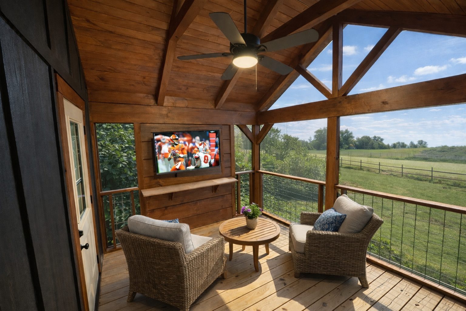 Green River Cabins premium log cabin interior — residential-grade wood finishes and full kitchen