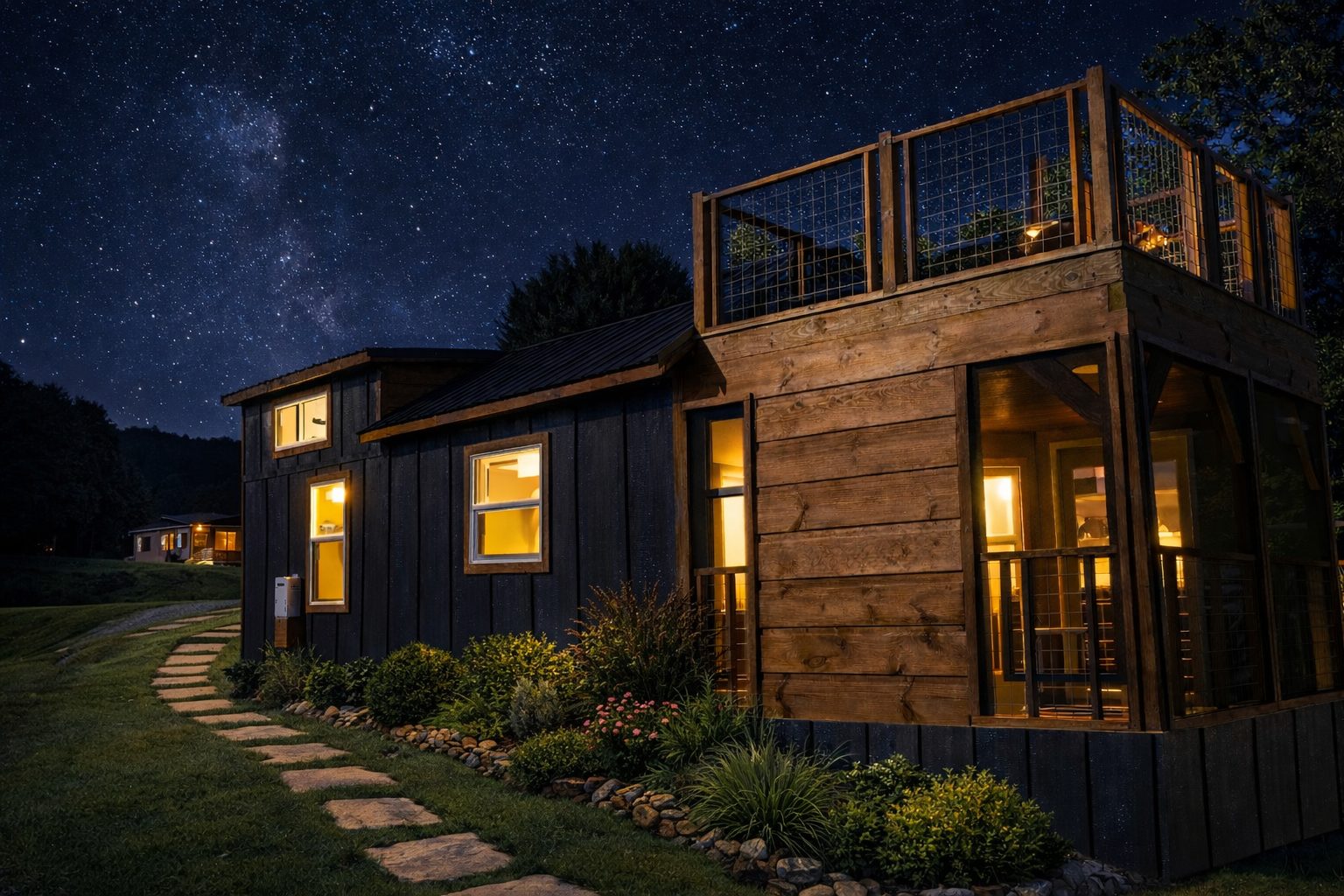 Green River park model cabin in a scenic lakeside campground setting