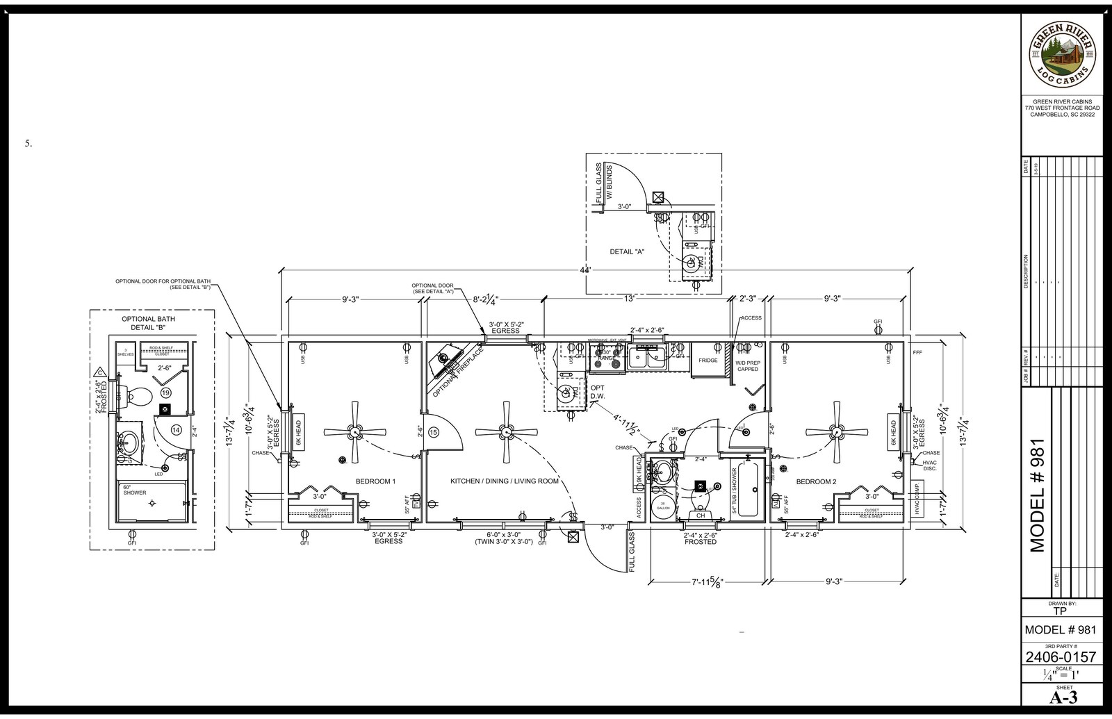 Green River Modular Model 981 floor plan — 2 bed, 1 bath (optional 2-bath), 44ft x 13ft